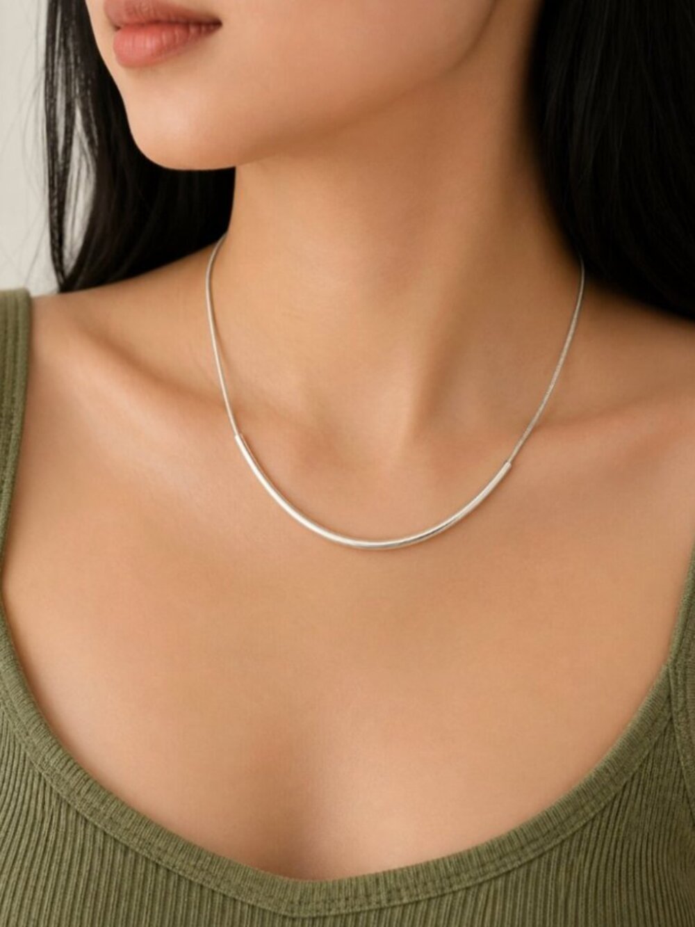 925 Sterling Silver Tube Necklace Curve Bar Necklace Modern Chain Necklace